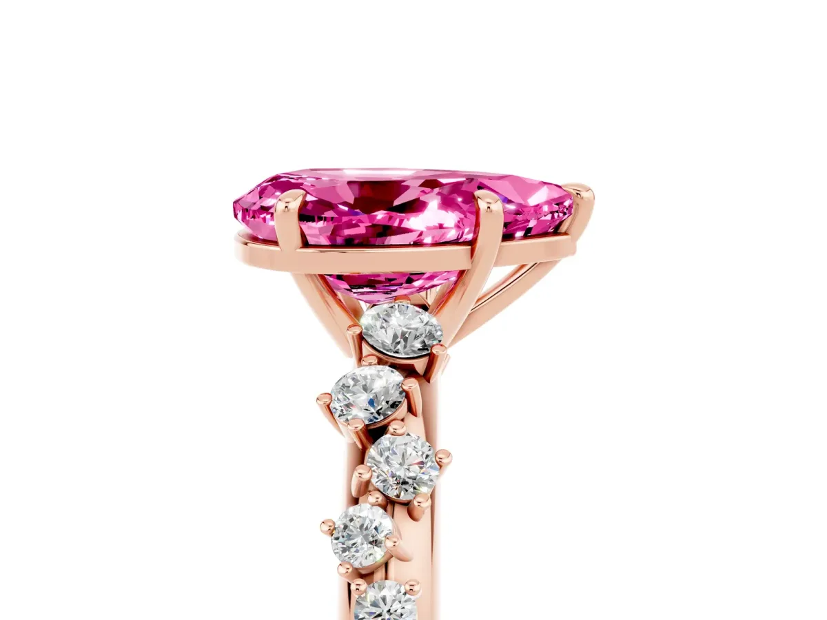 Pear Cut Pink Sapphire Cluster Side Stone Solitaire Ring with Prong Setting Rose gold