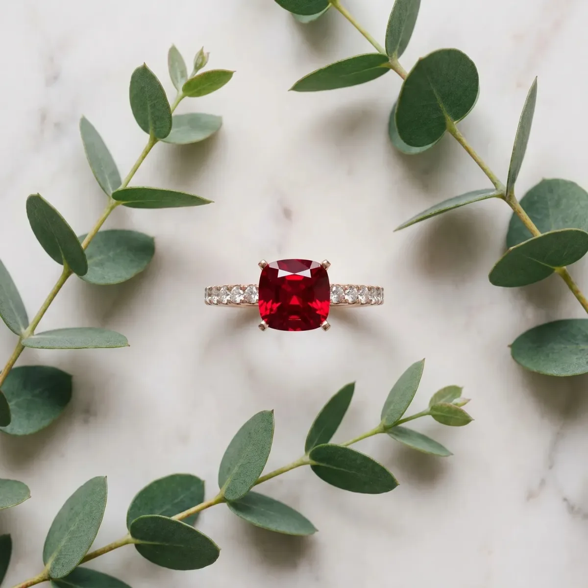 Cushion Cut Ruby Solitaire Ring with Round Pavé Band and Four-Prong Setting Rose gold
