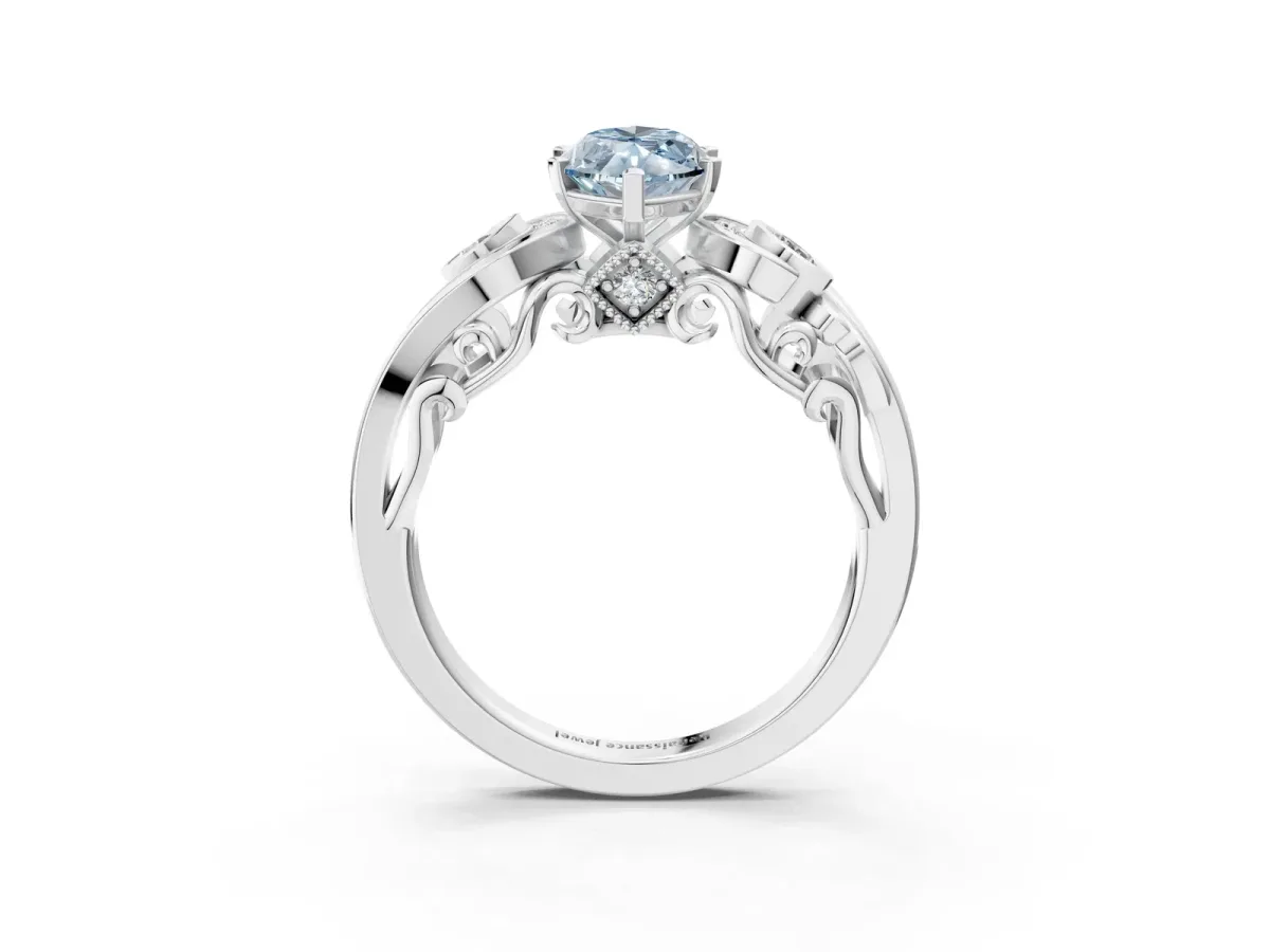 Fancy Blue Marquise Cut Diamond Solitaire Ring with Milgrain Pavé Band and Four-Prong Setting Silver