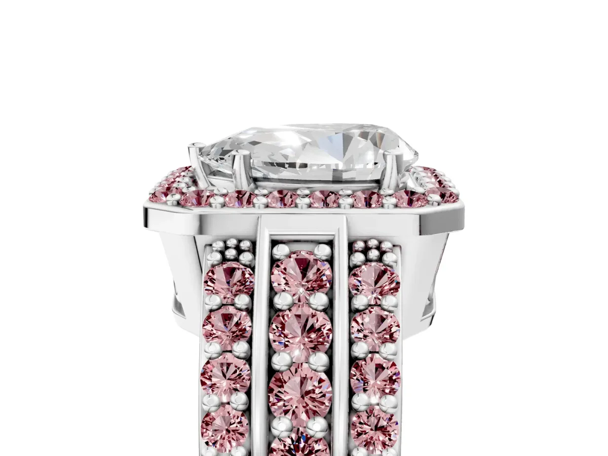 Pear Cut Halo Diamond Ring with Round Morganite Split Shank and Prong Setting Silver