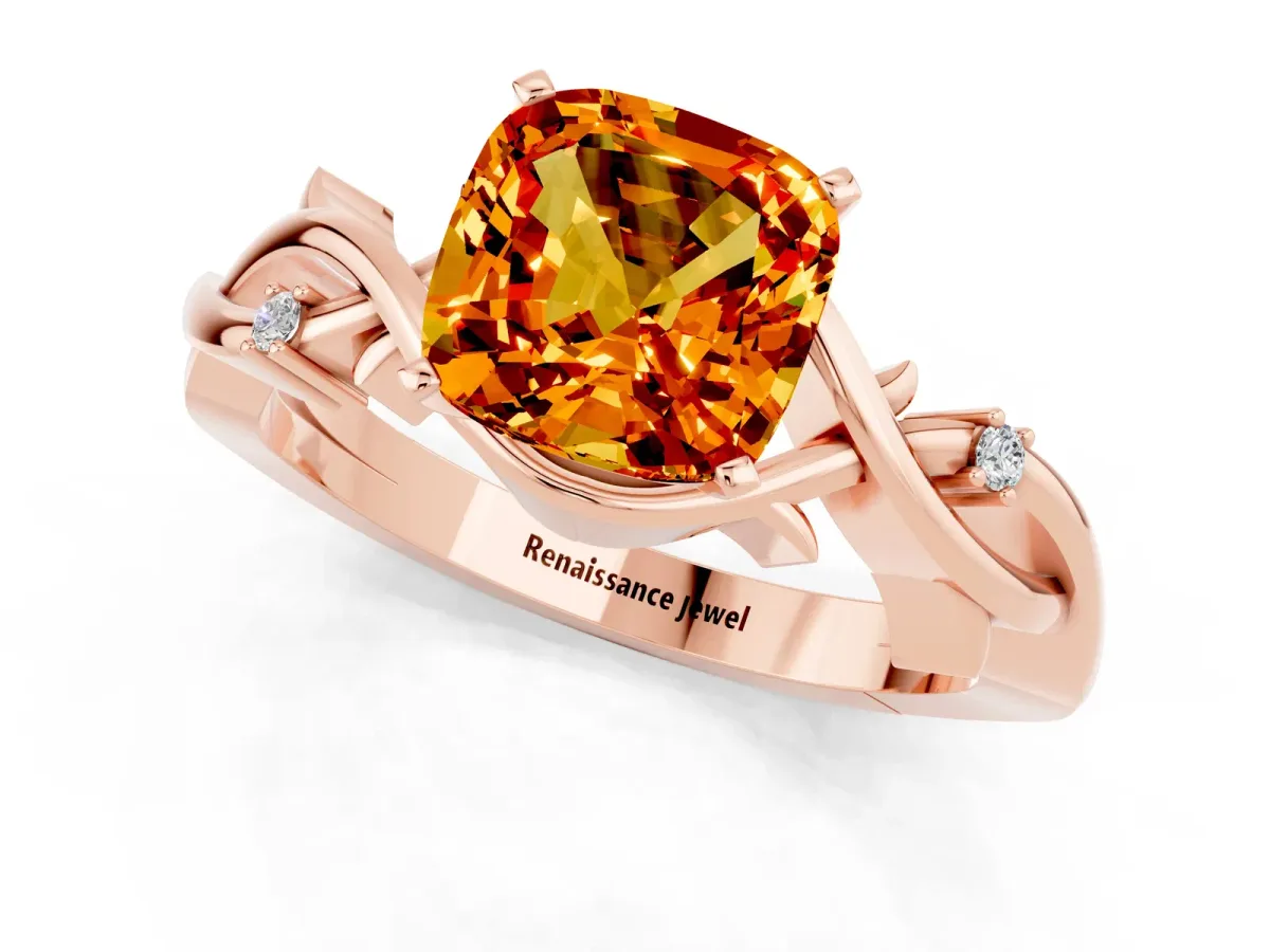 Cushion Cut Citrine Solitaire Ring with Twisted Band and Prong Setting Rose gold