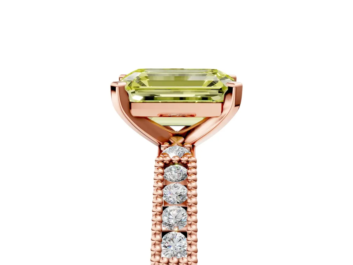 Fancy Yellow Emerald Cut Solitaire with Pavé Band and Four-Prong Setting Rose gold
