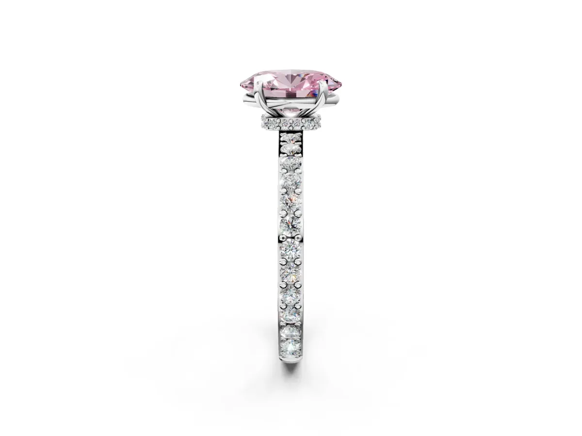 Fancy Pink Oval Cut Diamond Solitaire Engagement Ring with Pavé Band and Four-Prong Setting Silver