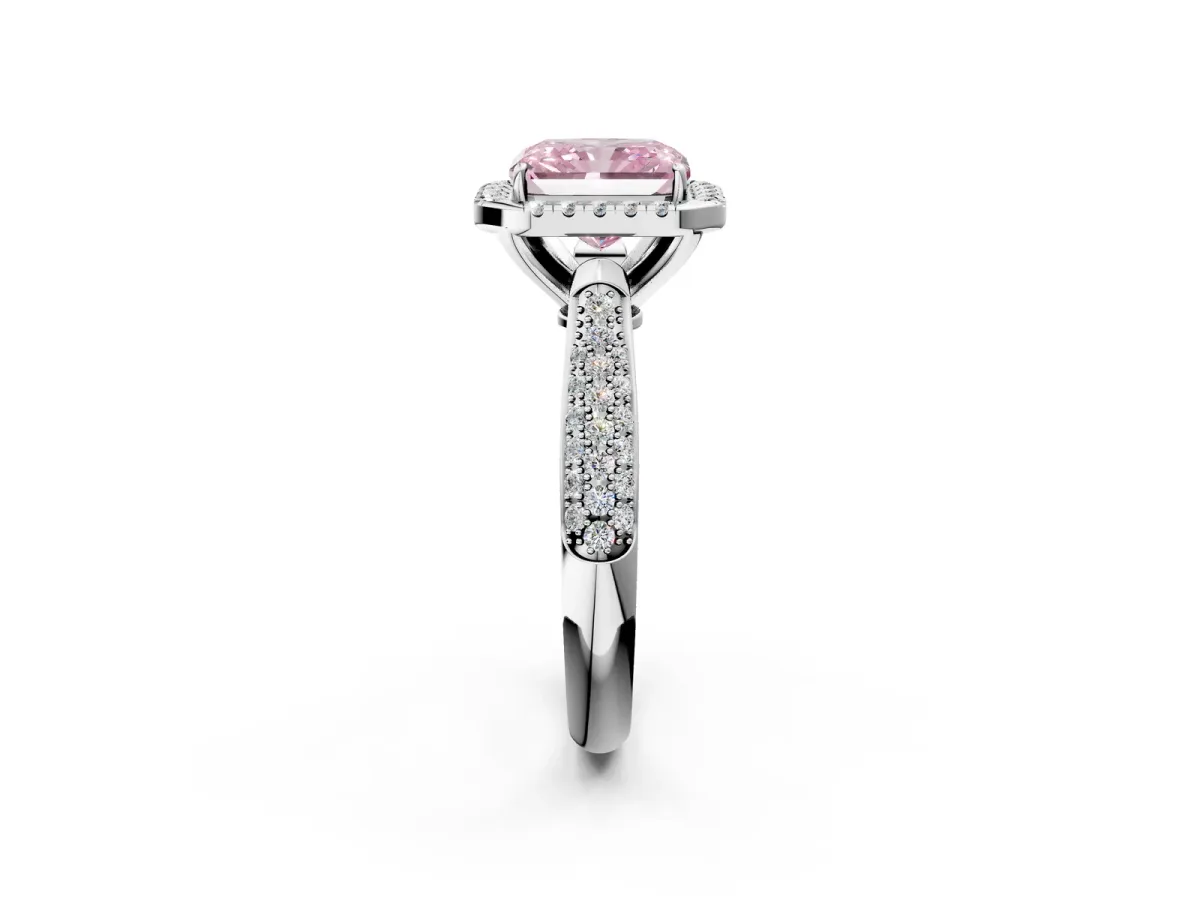 Fancy Pink Radiant Cut Cut Halo Pave Band Four-Prong Setting Ring Platinum