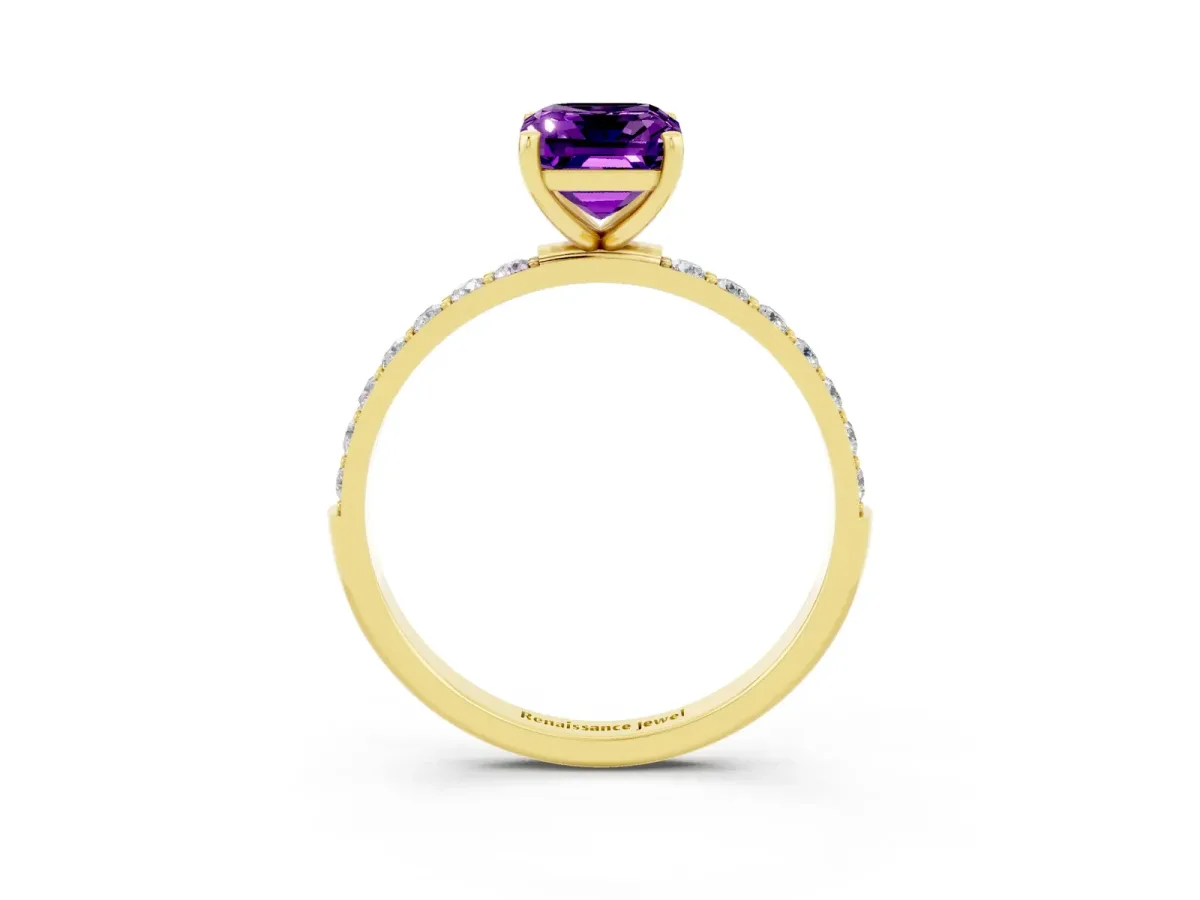 Emerald Cut Amethyst Solitaire Ring with Round Pavé Band and Prong Setting Yellow gold