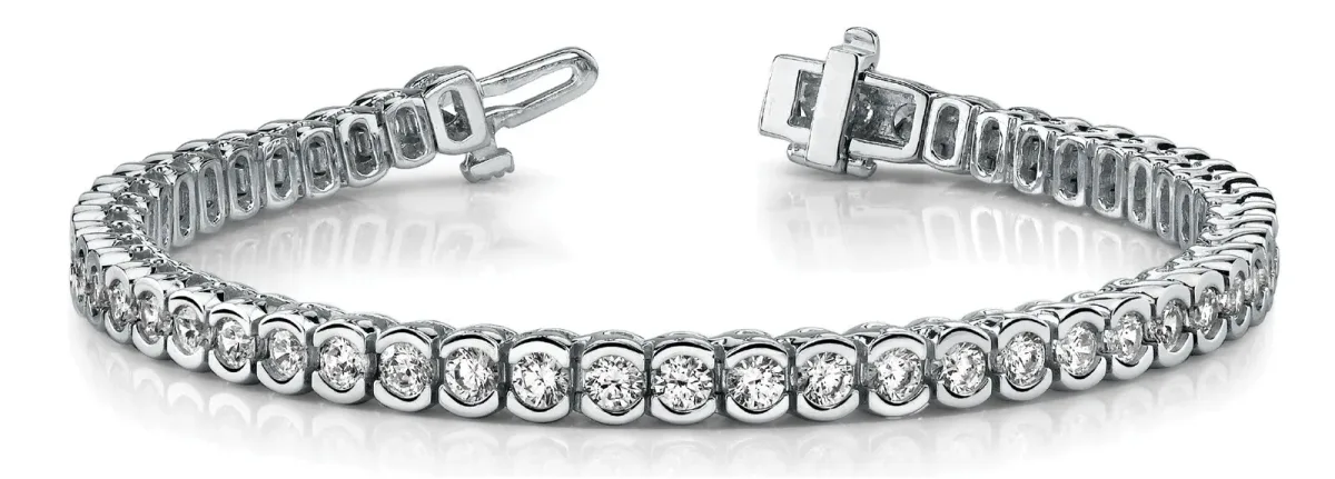 Round Cut Diamond Tennis Bracelet with Bezel Setting and Box Clasp White gold