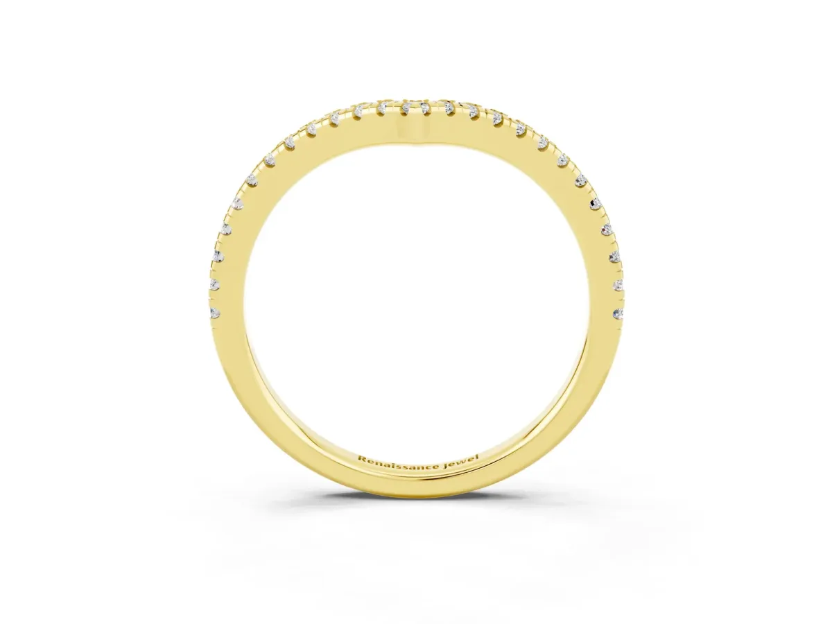 Pavé Round Moissanite V-Shaped Chevron Band with Shared Prong Setting Yellow gold