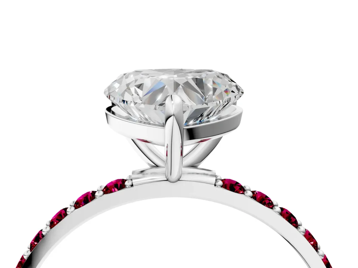 Heart Cut Diamond Solitaire Ring with Round Garnet Pavé Band and Prong Setting Silver