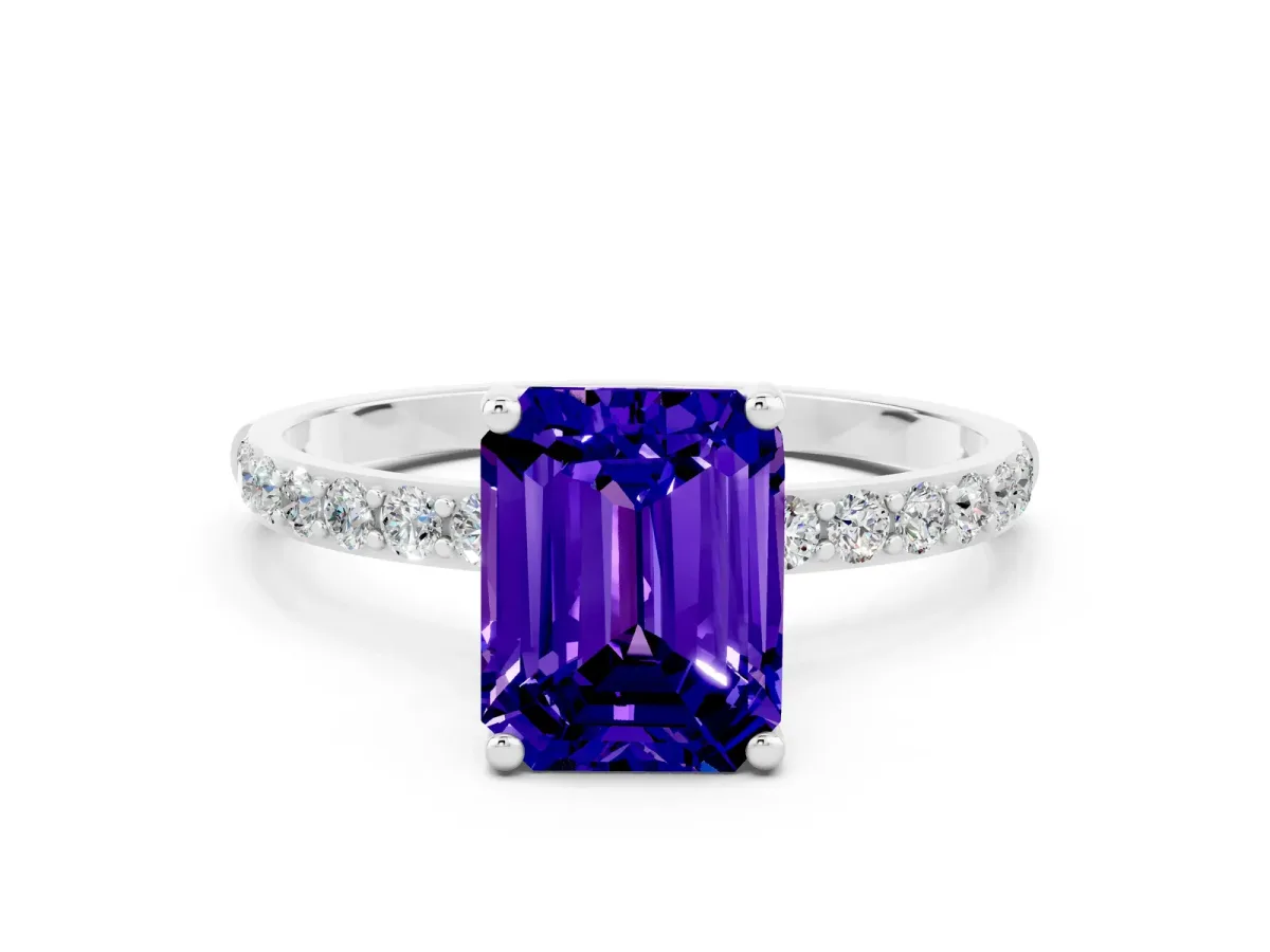 Emerald Cut Tanzanite Solitaire Ring with Round Pavé Shoulders and Prong Setting Silver