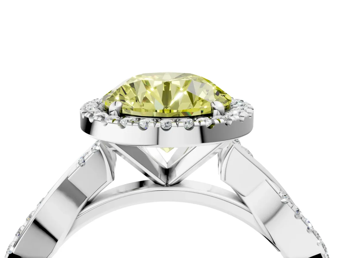 Fancy Yellow Round Cut Cut Halo Twisted Band Four-Prong Ring Platinum