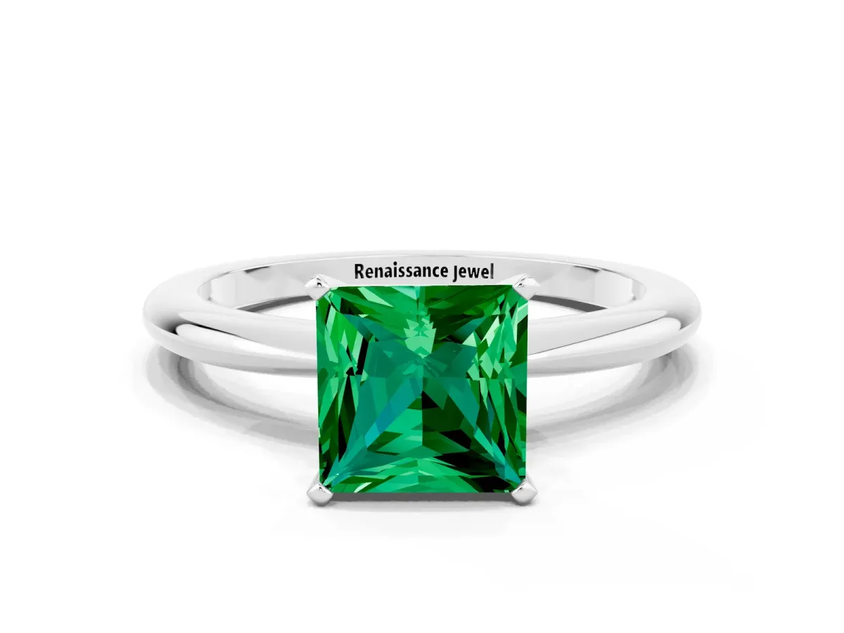 Princess Cut Emerald Solitaire Ring with Six-Prong Setting and Classic Band White gold