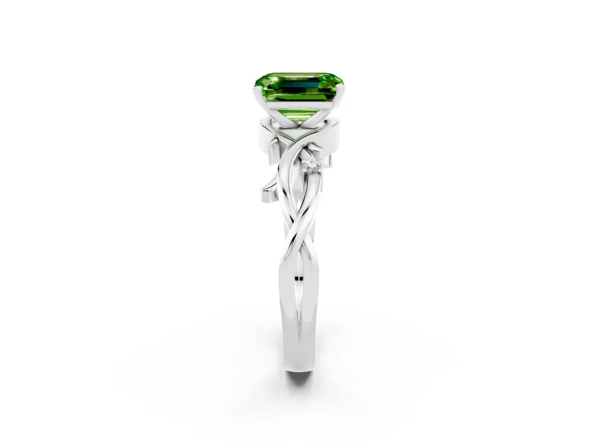 Emerald Cut Peridot Solitaire Ring with Twisted Band and Prong Setting Silver