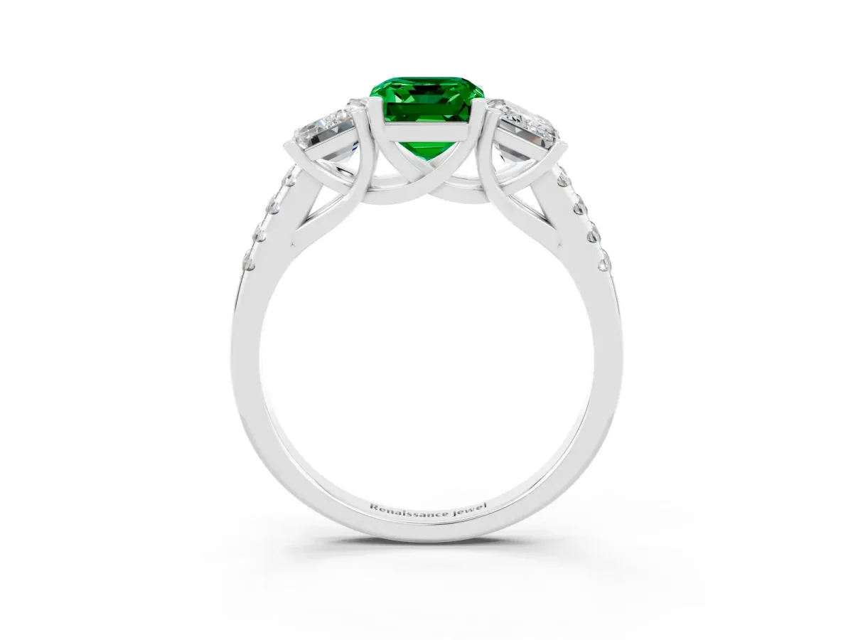 Three-Stone Emerald Cut Emerald Ring with Round Pavé Band and Prong Setting Platinum