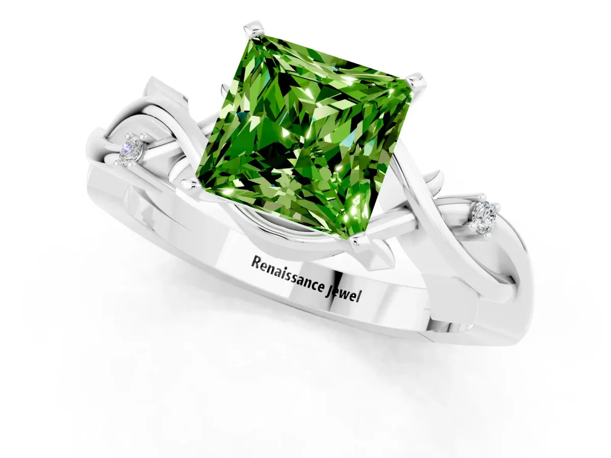 Princess Cut Peridot Solitaire Ring with Twisted Band and Prong Setting Platinum