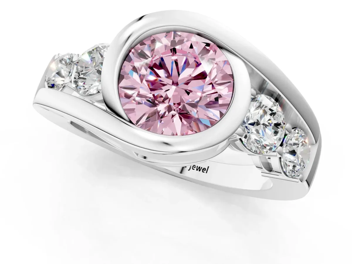 Fancy Pink Bezel Set Round Cut Diamond Bypass Ring with Round Accents Platinum
