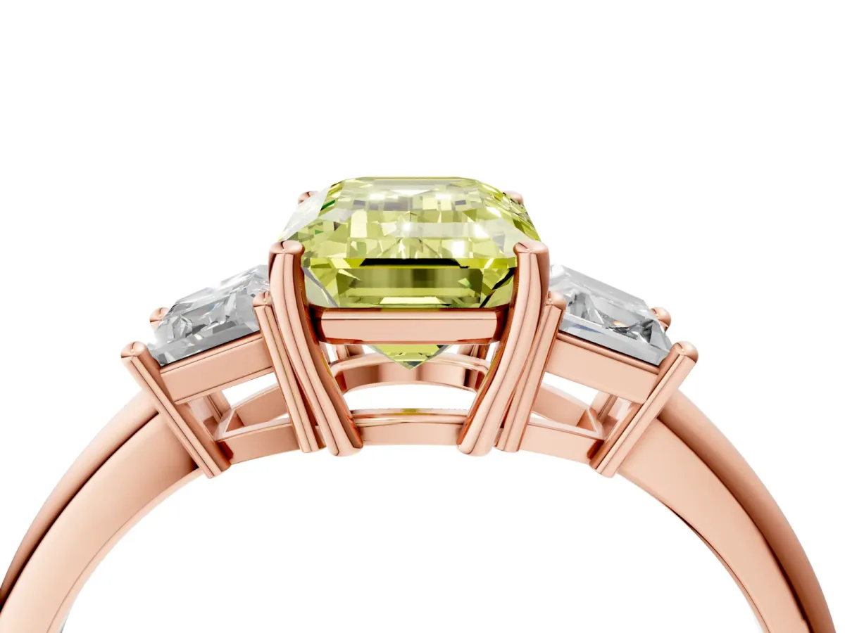 Fancy Yellow Emerald Cut Diamond Three-Stone Ring with Trapezoid Side Stones and Prong Setting Rose gold