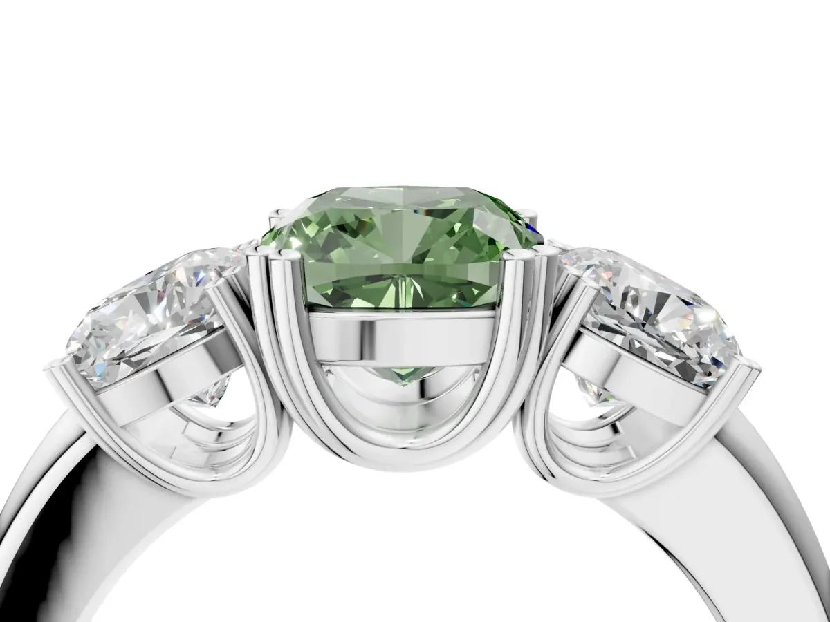 Fancy Green Three-Stone Cushion Cut Cut Diamond Ring with Channel Set Band and Four-Prong Setting Silver