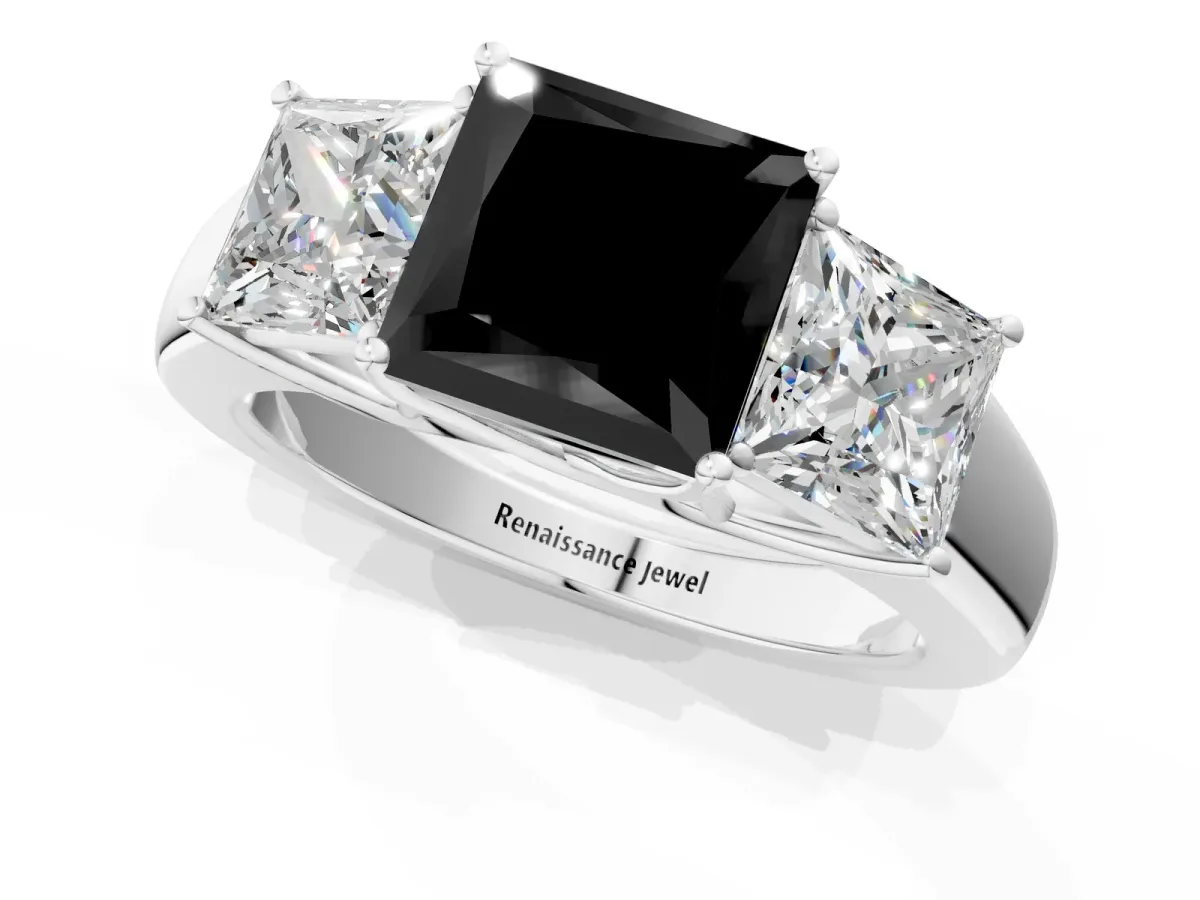 Fancy Black Three-Stone Princess Cut Cut Diamond Ring with Prong Setting and Classic Band White gold
