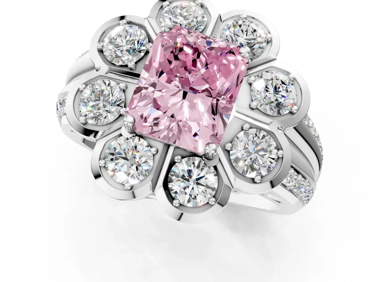Fancy Pink Radiant Cut Brilliant Flower Halo Diamond Split Shank Ring Platinum