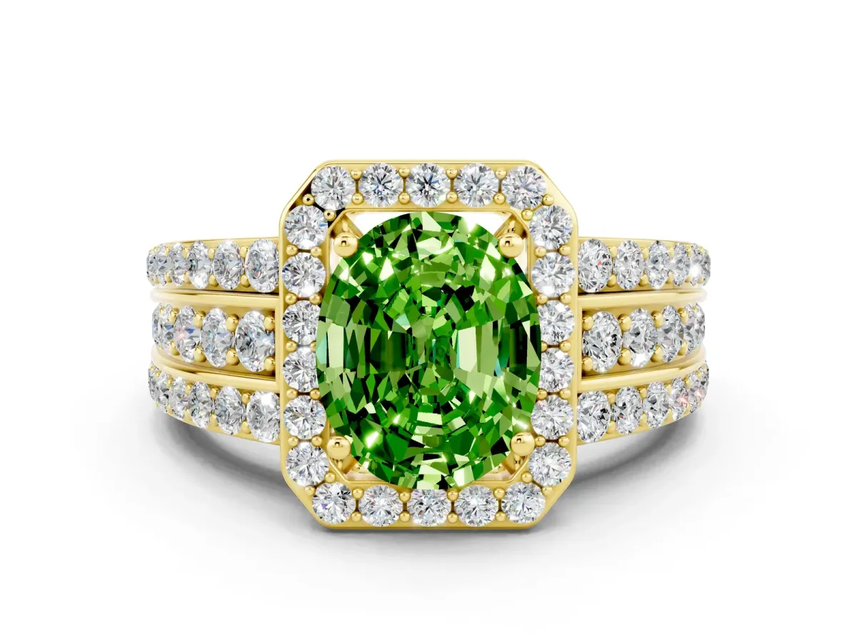 Oval Cut Halo Peridot Ring with Round Split Shank and Prong Setting Yellow gold