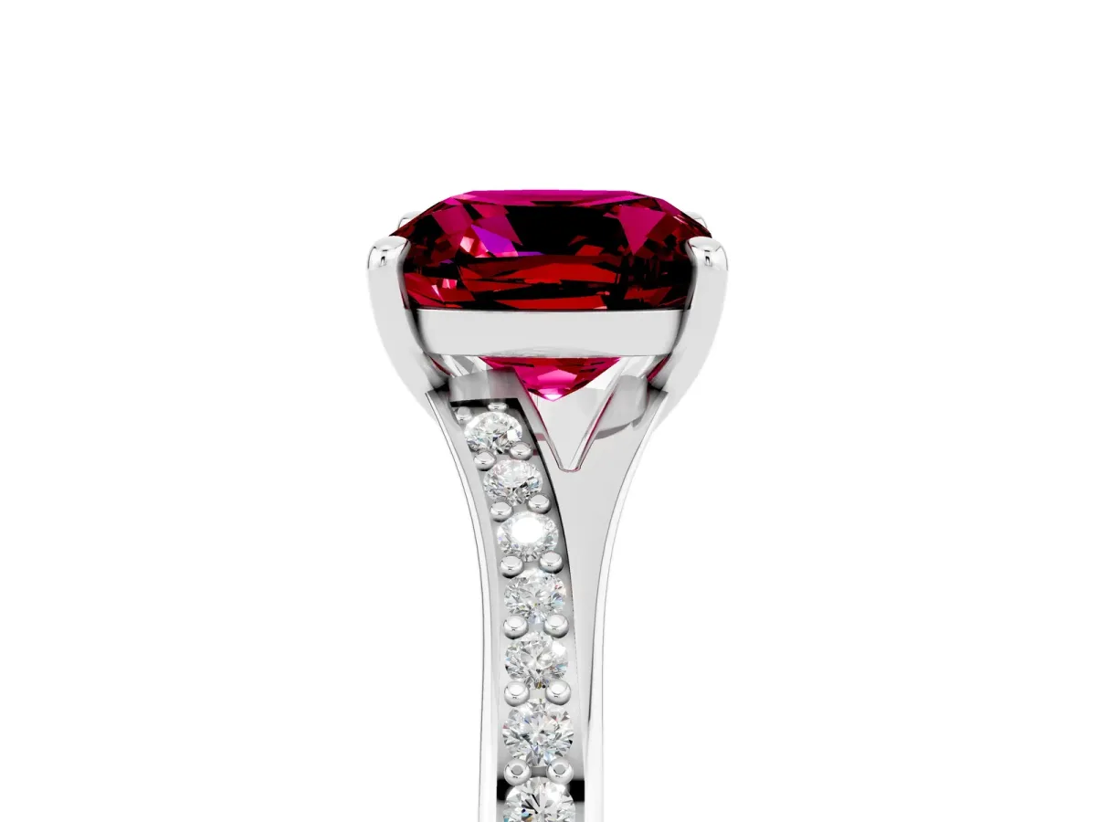 Cushion Cut Garnet Solitaire Ring with Pavé Band and Prong Setting Silver