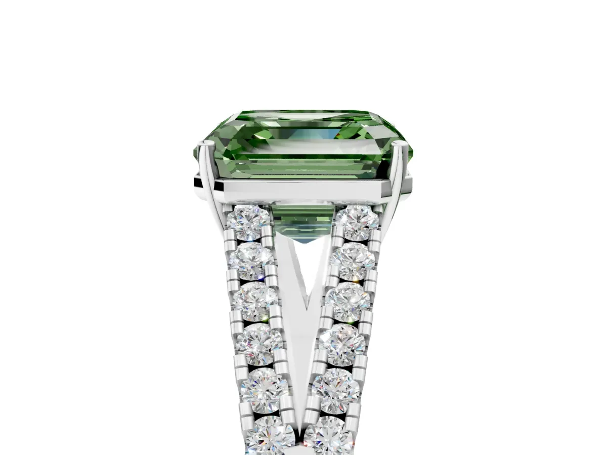 Fancy Green Asscher Cut Diamond Split Shank Engagement Ring with Round Pavé and Prong Setting Platinum