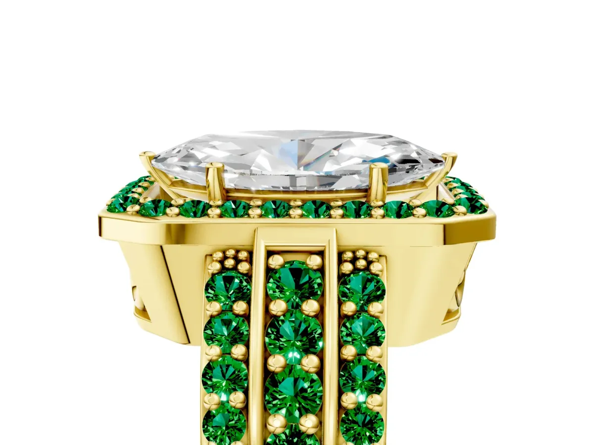 Marquise Cut Halo Diamond Ring with Round Emerald Split Shank and Prong Setting Yellow gold