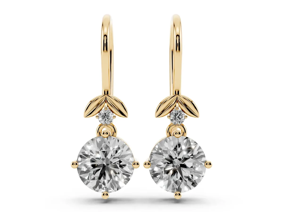 Round Diamond Water Lily Drop Earrings with Diamond Accents Yellow gold