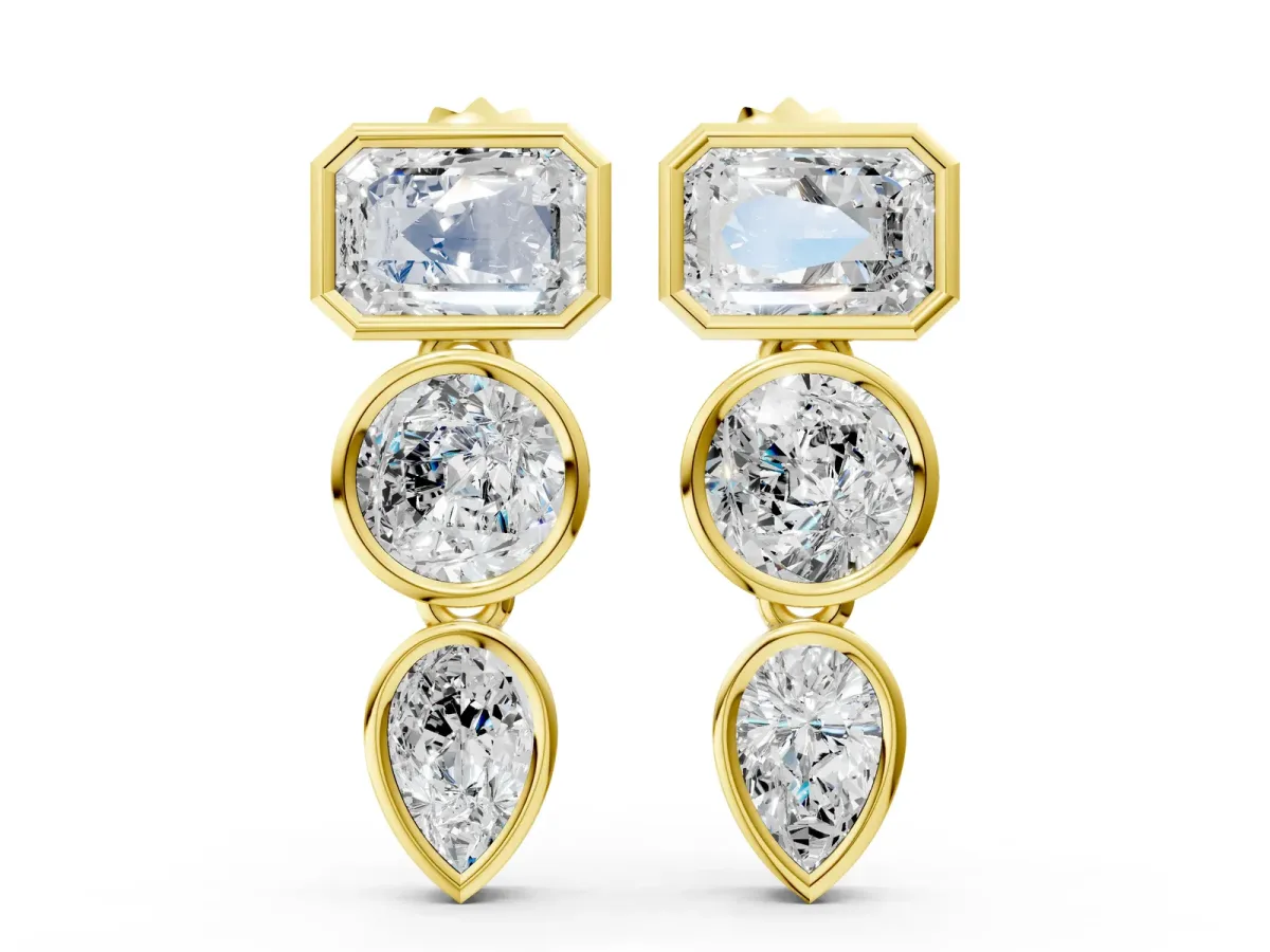 Emerald, Round and Pear Diamond Bezel Drop Earrings Yellow gold