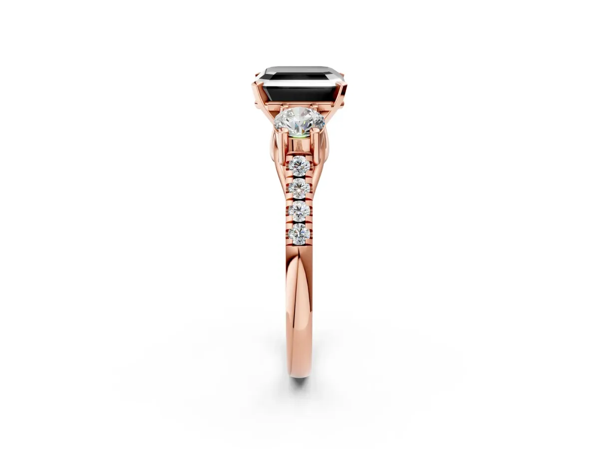 Fancy Black Three-Stone Asscher Cut Diamond Pavé Band with Four-Prong Setting Rose gold