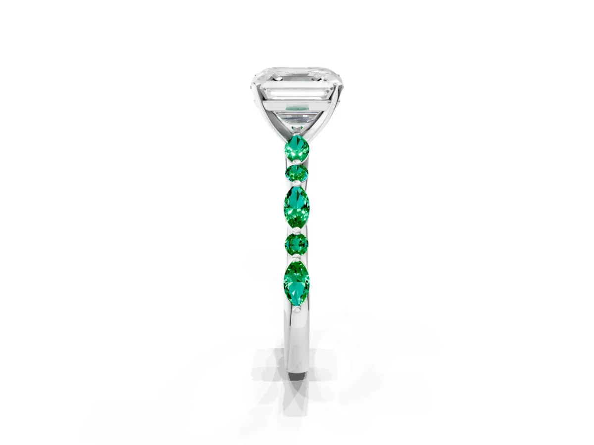 Asscher Cut Diamond Ring with Marquise and Round Emerald Side Stones and Four-Prong Setting Silver