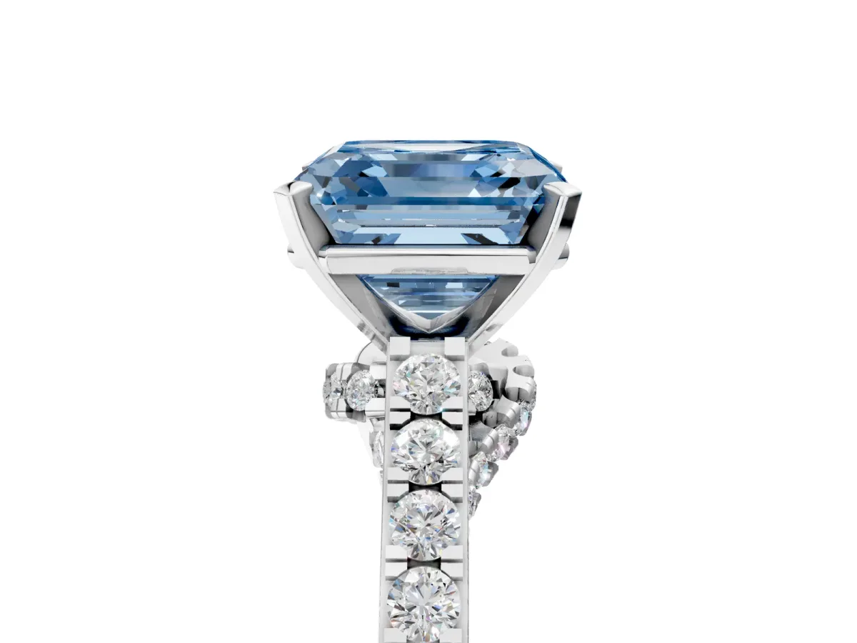 Fancy Blue Asscher Cut Diamond Solitaire Ring with Crossover Gallery and Round Pavé Band Silver