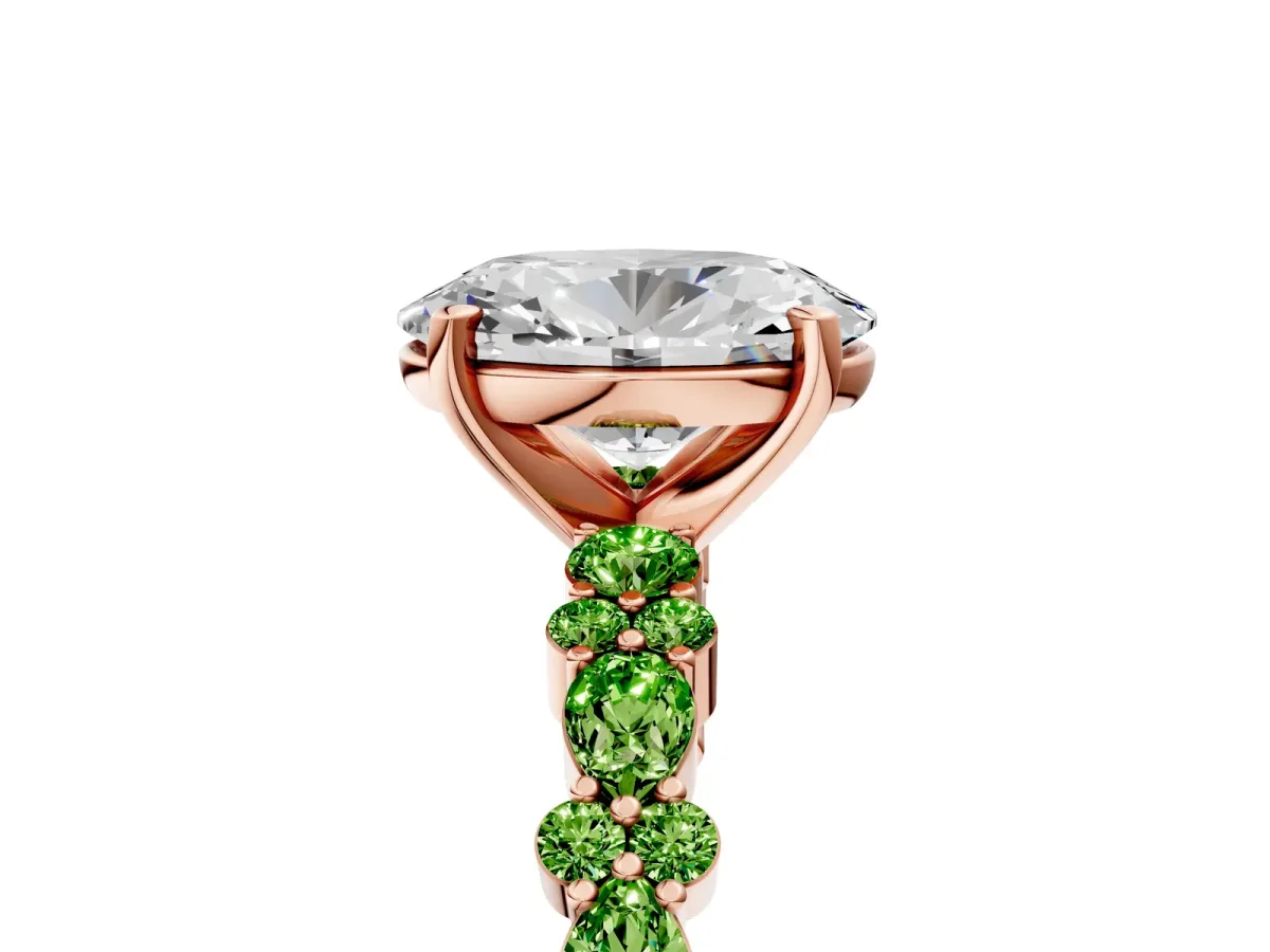 Oval Cut Diamond Side Stone Solitaire Ring with Round Peridot and Four-Prong Setting Rose gold