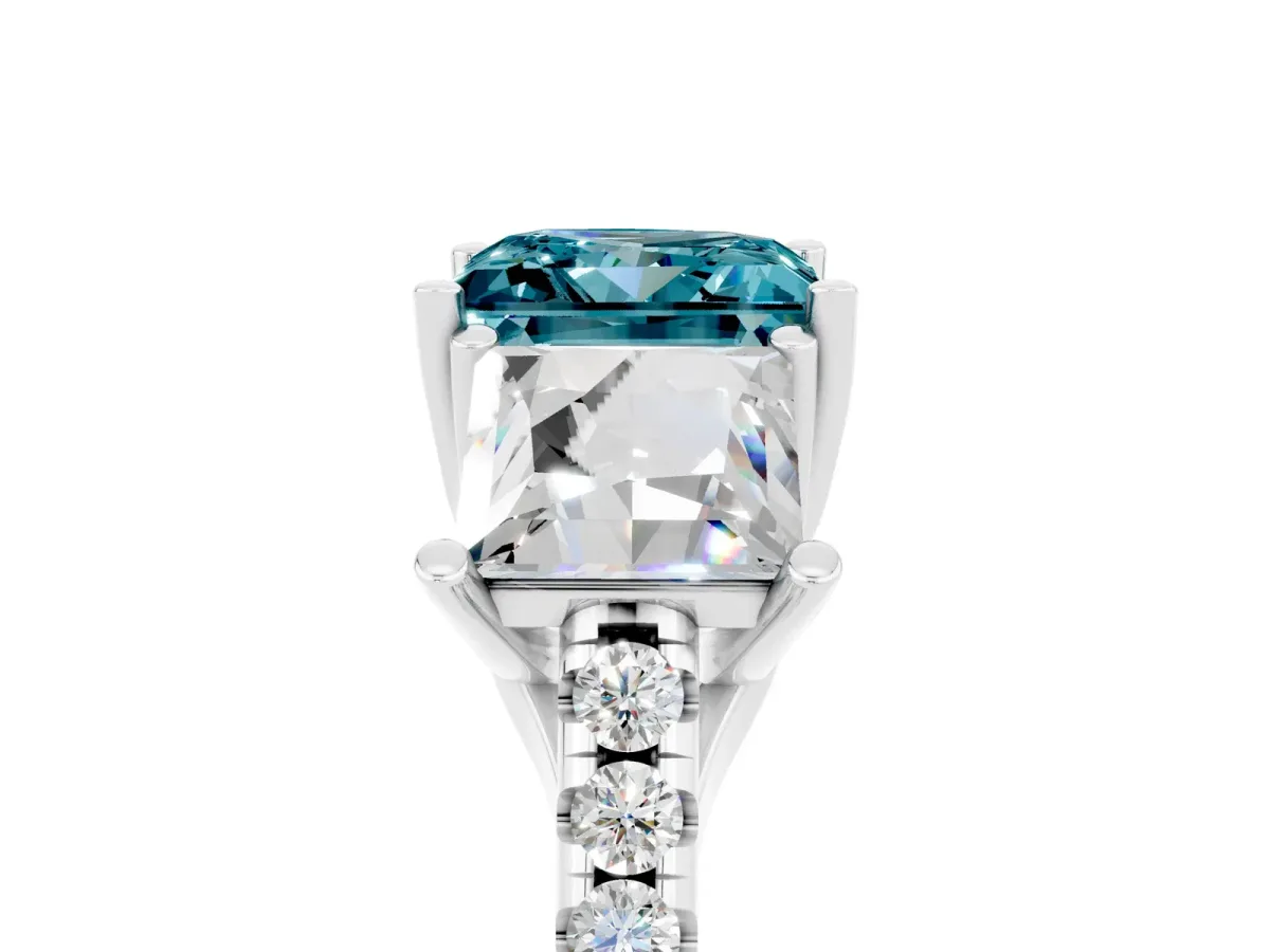 Three-Stone Princess Cut Blue Topaz Ring with Round Pavé Band and Prong Setting Silver