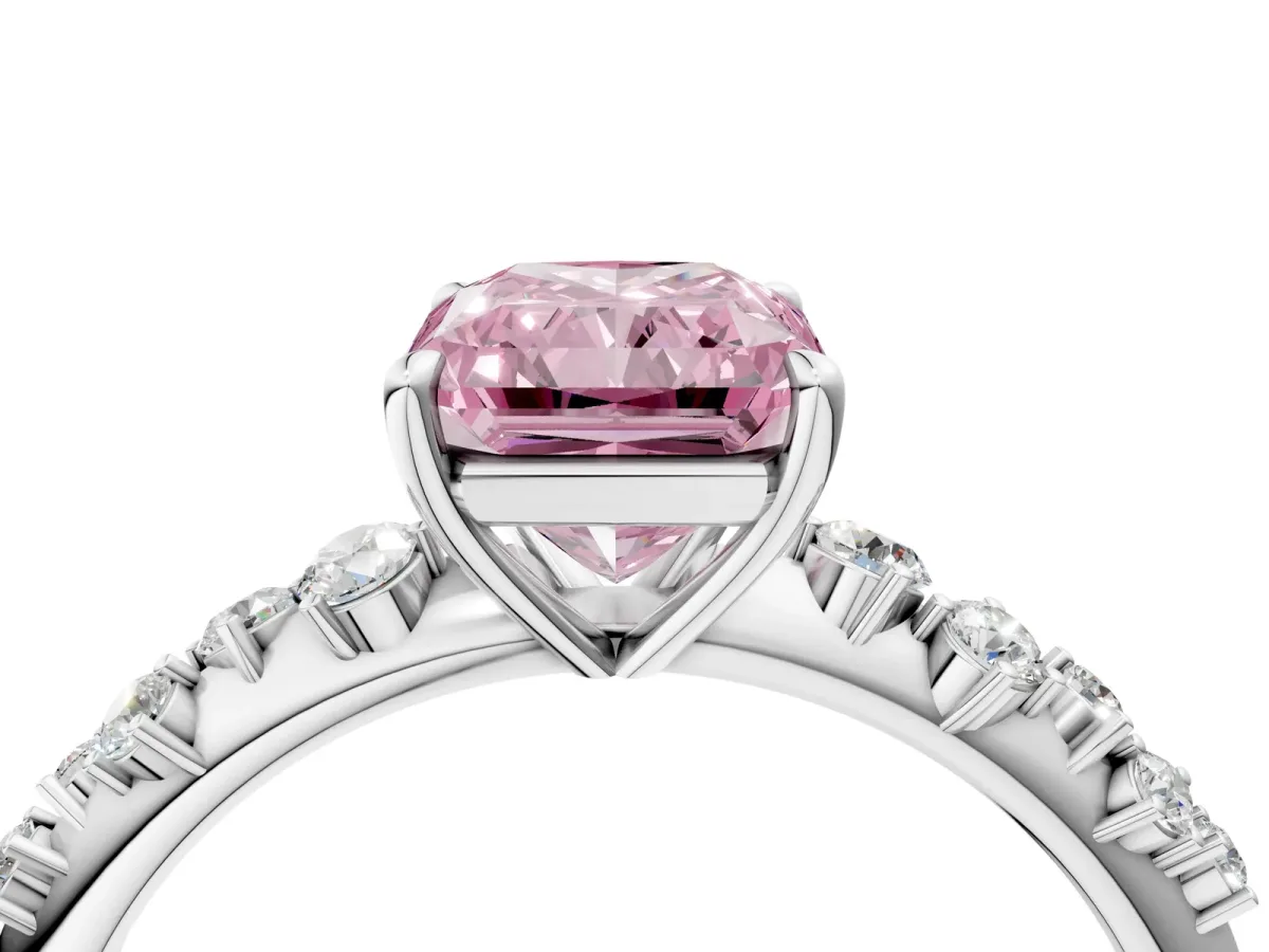 Fancy Pink Radiant Cut Diamond Cluster Side Stone Solitaire Ring with Prong Setting Platinum