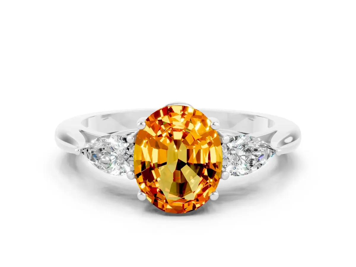 Three-Stone Oval Cut Citrine Ring with Pear Side Stones in Four-Prong Setting White gold