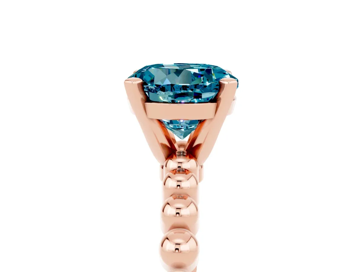 Round Cut Blue Topaz Solitaire Ring with Beaded Band and Prong Setting Rose gold