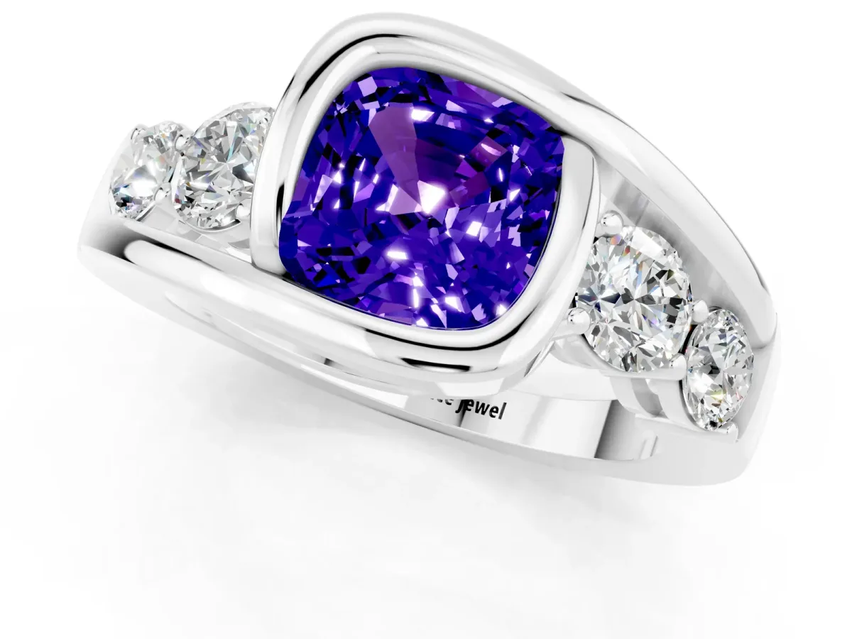 Bezel Set Cushion Cut Tanzanite Bypass Ring with Round Accents Silver