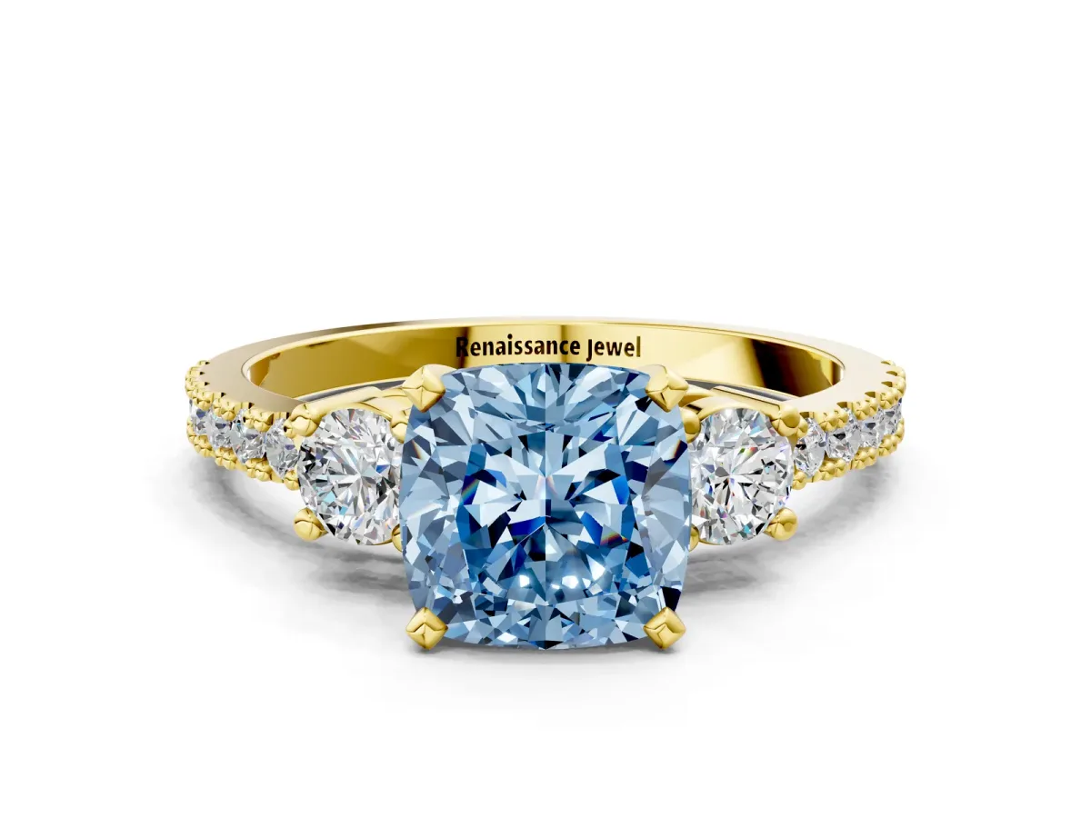 Fancy Blue Cushion Cut Cut Three-Stone Diamond Pavé Band with Prong Setting Yellow gold