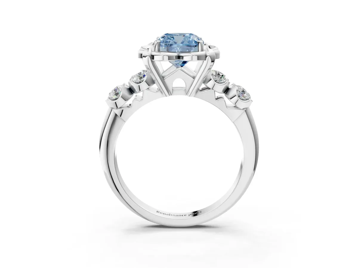 Fancy Blue Cushion Cut Cut Diamond Floral Halo Engagement Ring with Shared Prong Setting Silver