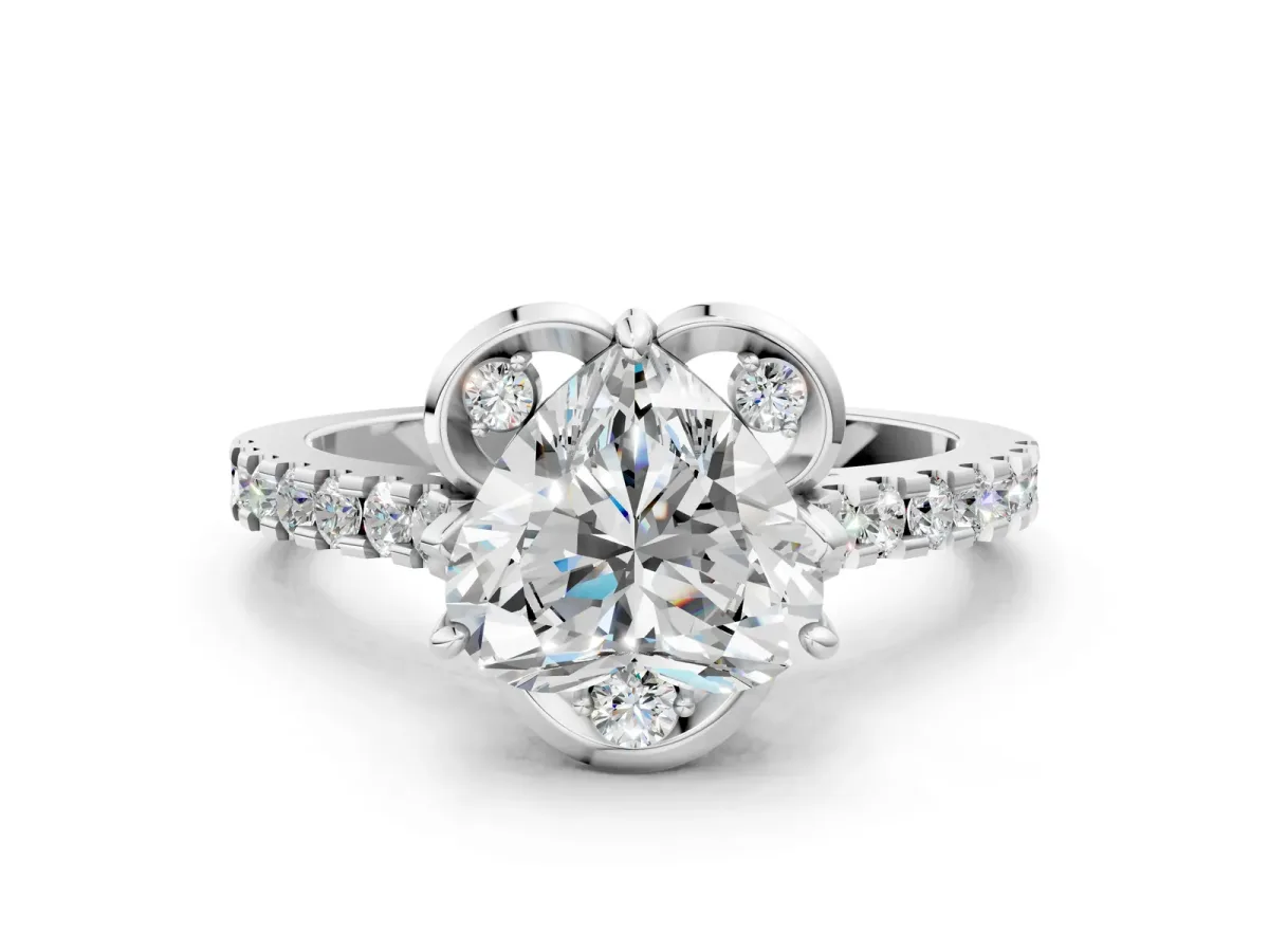Heart Cut Diamond Ring with Pavé Band and Floral Prong Setting Silver