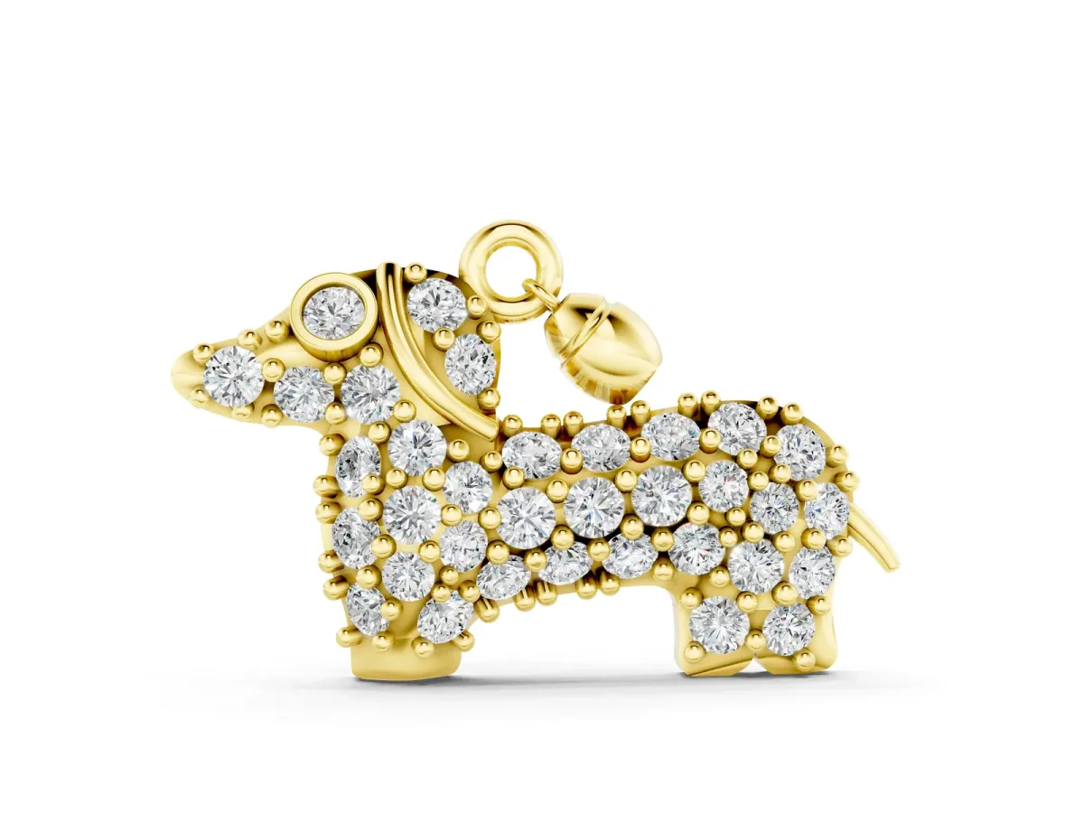 Pavé Round Diamond Prong-Set Dachshund Pendant Yellow gold