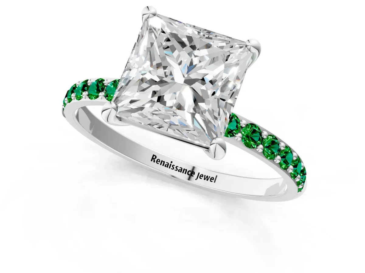 Princess Cut Diamond Solitaire Ring with Round Emerald Pavé Band and Prong Setting Platinum