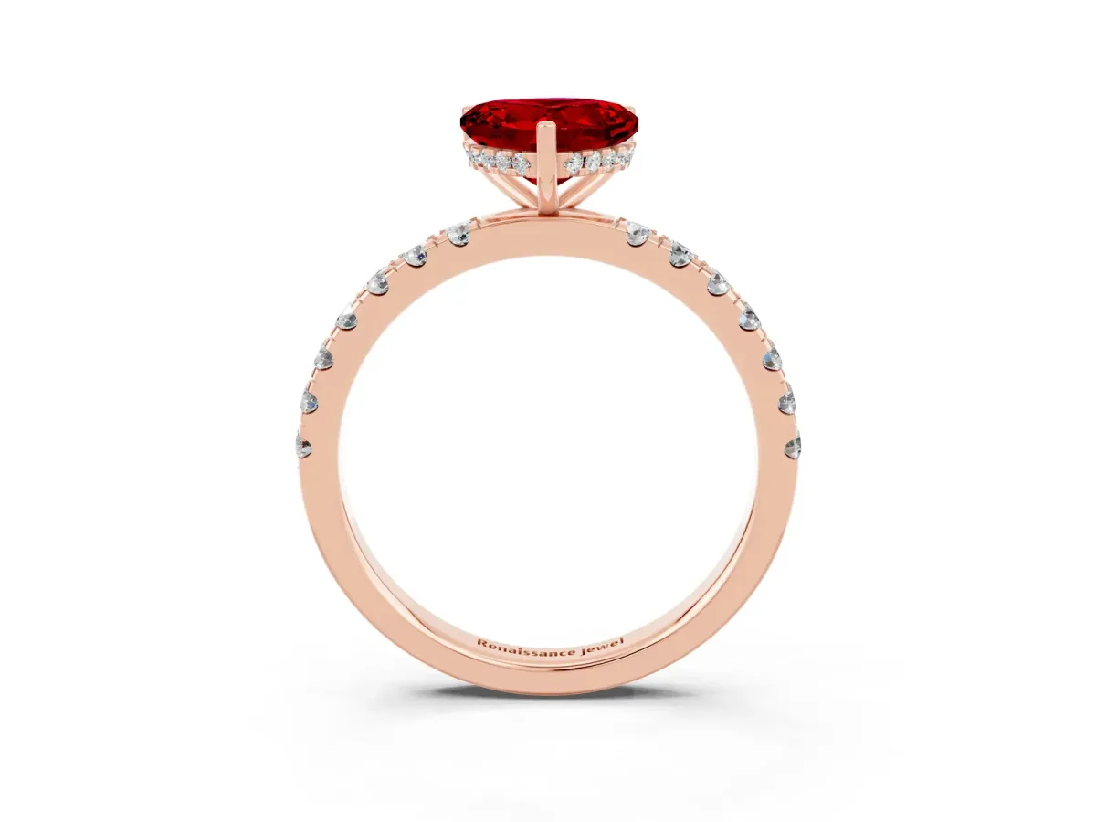 Heart Cut Ruby Pave Band Solitaire Ring with Round and Prong Setting Rose gold