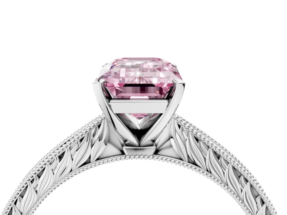 Fancy Pink Emerald Cut Solitaire Milgrain Engraved Band with Four-Prong Setting White gold