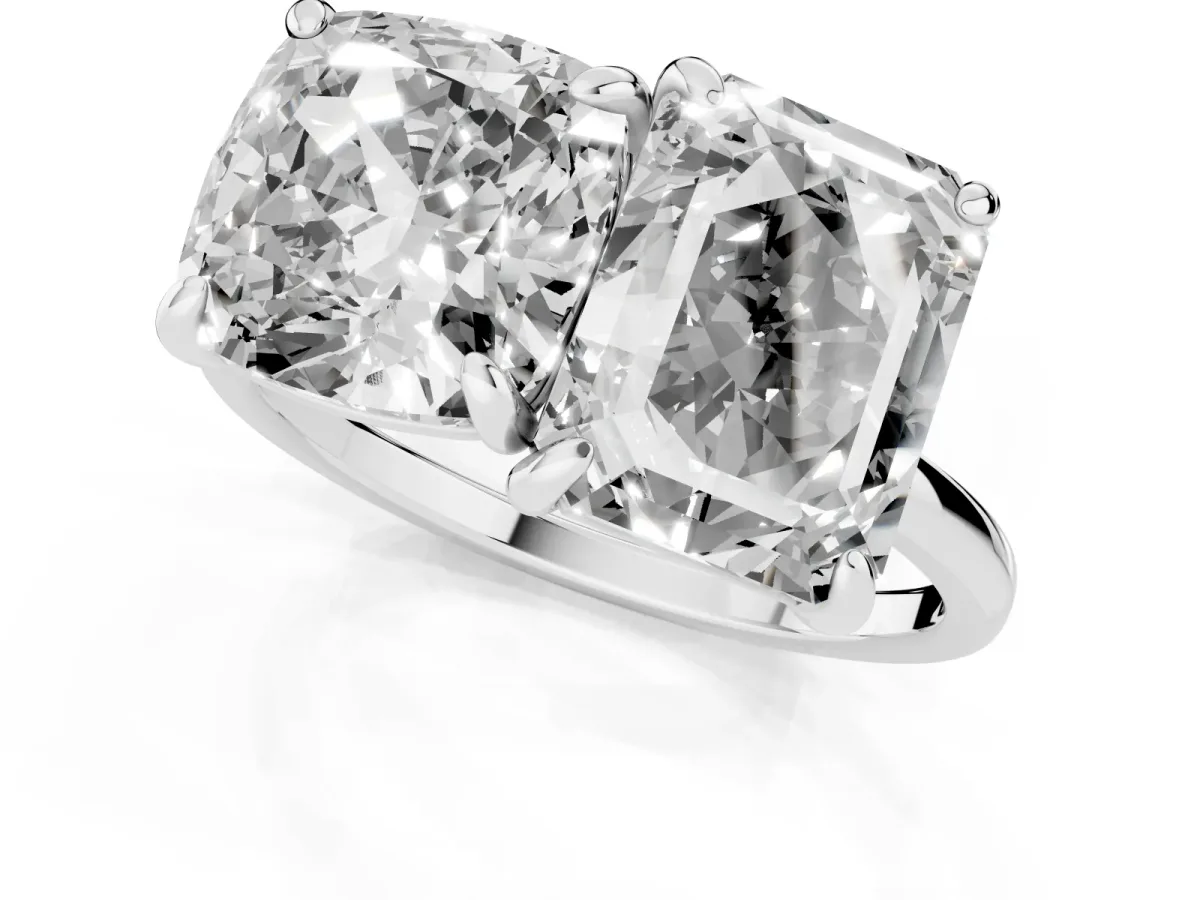 Cushion and Emerald Toi Moi Ring with Prong Setting and Plain Band Platinum