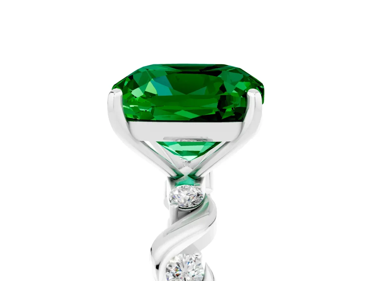 Cushion Cut Emerald Solitaire Twisted Band with Round Accents and Prong Setting Silver