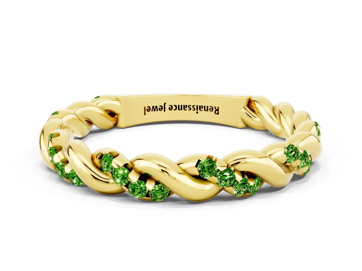 Twisted Pavé Round Peridot Eternity Band Yellow gold