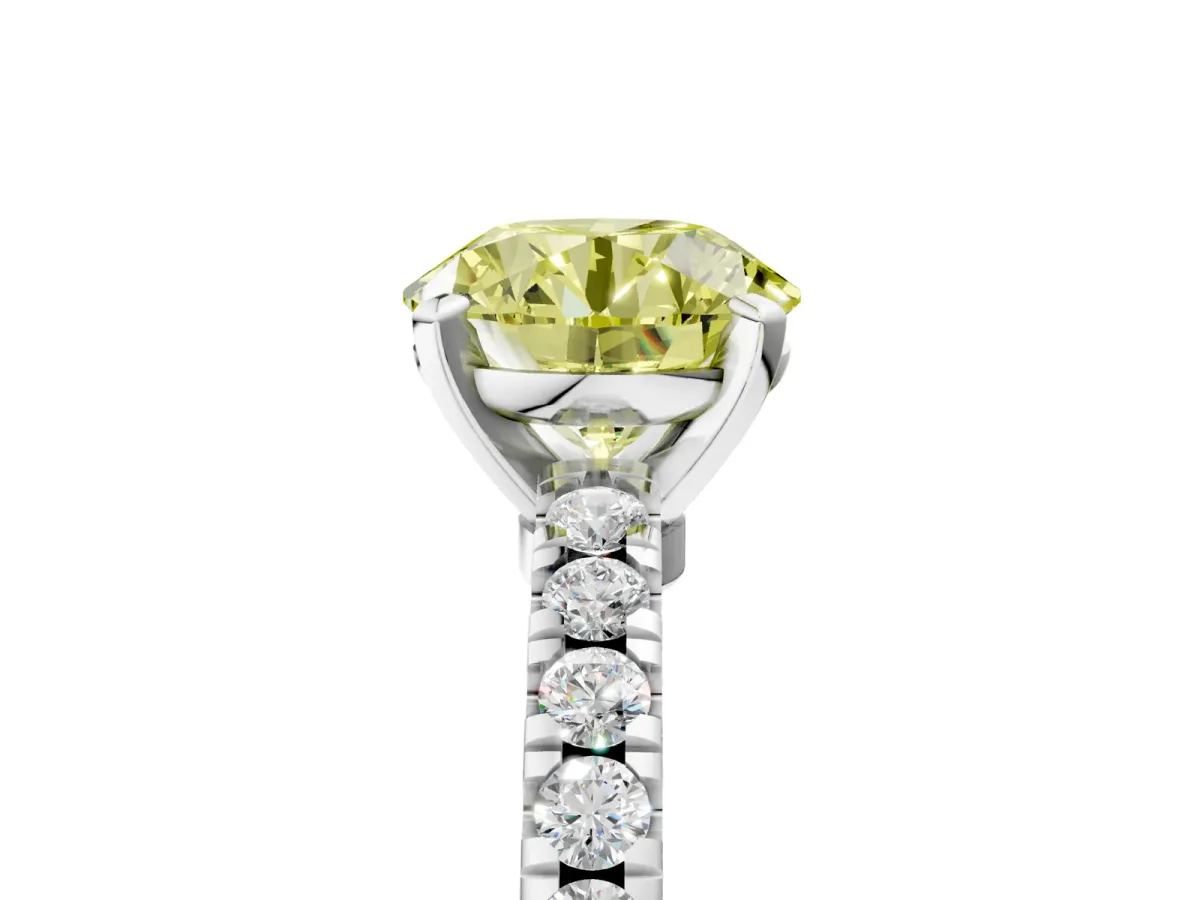 Fancy Yellow Round Cut Solitaire Diamond with Pavé Band and Four-Prong Setting Platinum