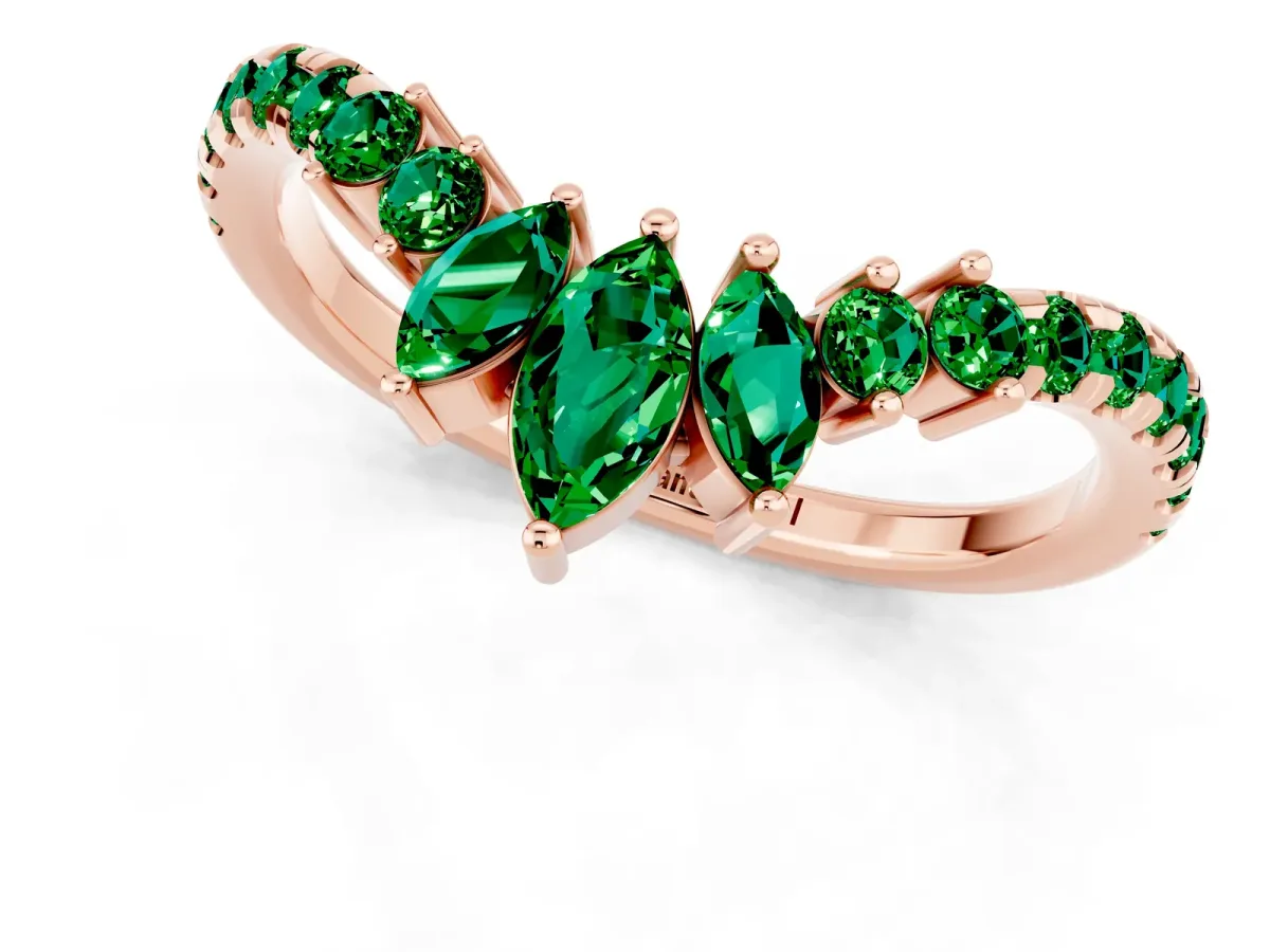 Chevron Marquise and Round Emerald Open Band with Prong Setting Rose gold